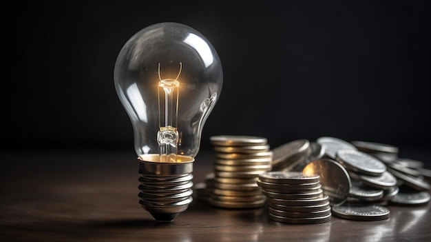 A lightbulb next to the stack of coins