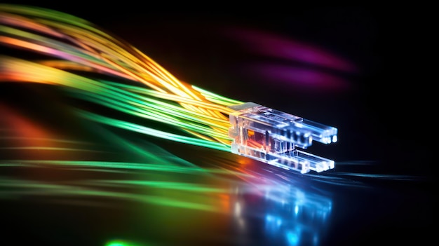 A lightbulb with colorful wires on a black background