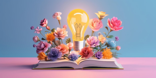 Фото Лампочка с цветами на открытой книге становится умнее и умнее благодаря чтению книги, созданной с помощью искусственного интеллекта
