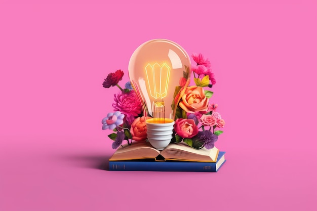 Photo lightbulb with flowers on open book getting smart and intelligent from reading book created with ai