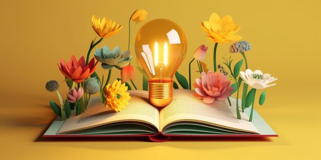 Lightbulb with Flowers on Open Book Getting Smart and Intelligent from Reading Book Created with Ai