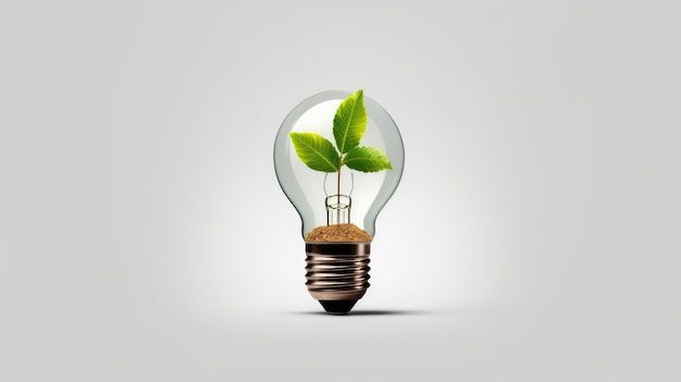 Lightbulb with green plant inside on grey background Ecology concept