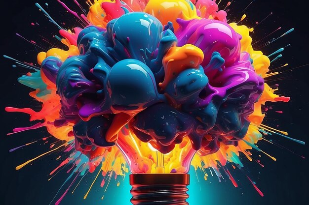 Foto lampadina con neon artistico d'impatto e d'ispirazione esplosione colorata di vernice generativa ai