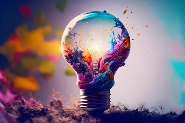 Lightbulb with paint colors Creative painting concept Generative ai