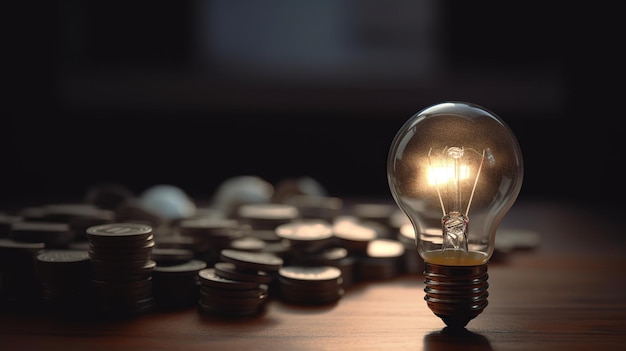 A lightbulb with a pile of coins on the table