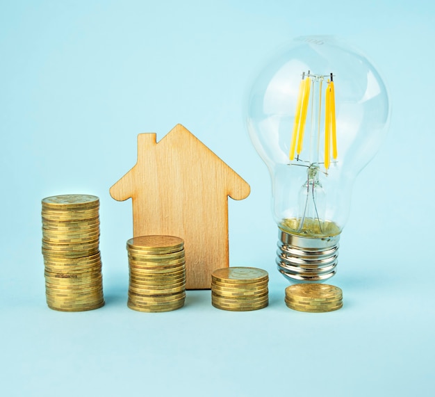 Lightbulb, wooden house and coins stacks on light blue background