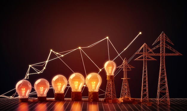 Photo lightbulbs are located in row with growth graph on dark background the concept of the evolution of the energy industry