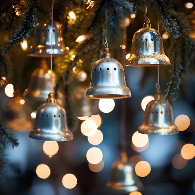 Lighted Brass Bells in Christmas Tree Background