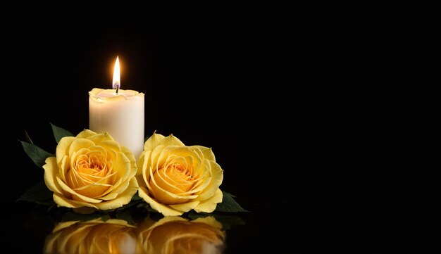 LIGHTED CANDLE AND TWO YELLOW ROSES ON DARK BACKGROUND DEEPEST SYMPATHY AND CONDOLENCE CARD