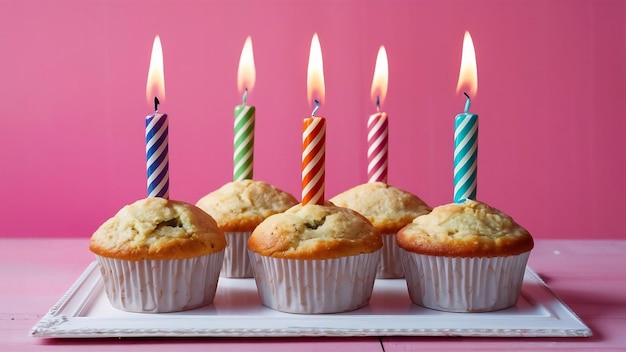 Lighted candles over the muffins with white frame slate on pink backdrop