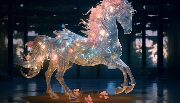 Photo lighted horse statue in a room with trees and flowers generative ai