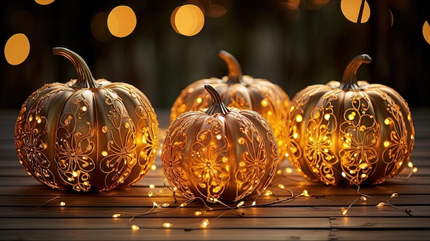 lighted pumpkins with lights in the middle in the style of light gold