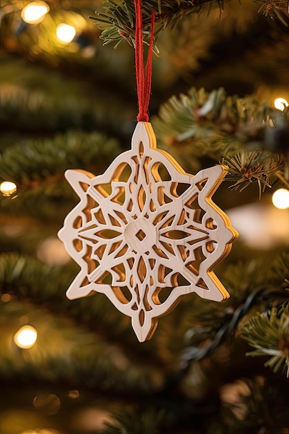 lighted snowflake ornament hanging in christmas tree in the style of wood