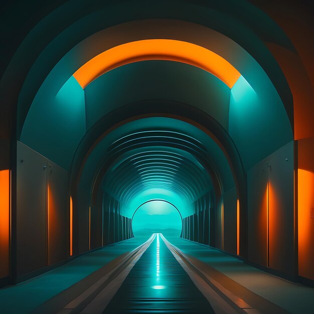 照らされたトンネルと廊下 デュオトーン ティールとオレンジ色の輝く光