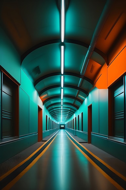 Lighted Tunnel Hallway Duotone Teal and Orange Industrial Building Architecture Scifi Dramat