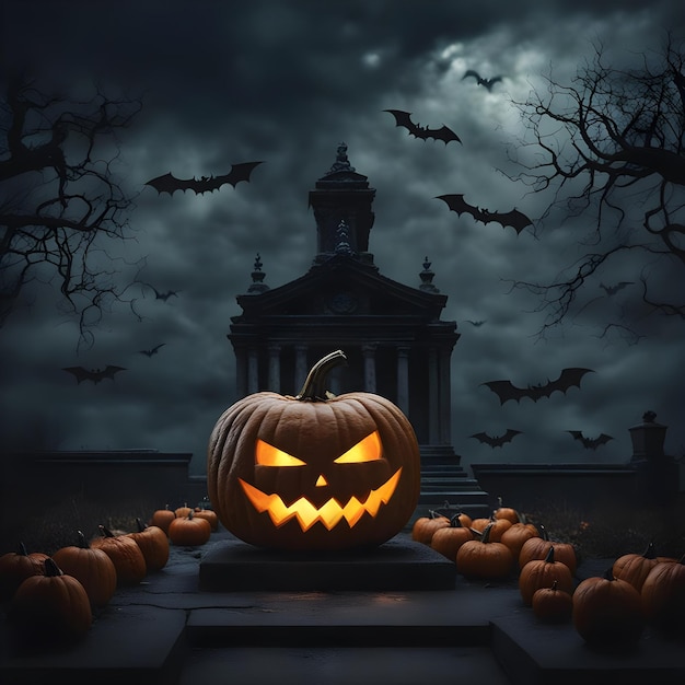 lightedpumpkinonascaryshiningtombwithdarkcloudsbehindandhorrorbatsflying 2