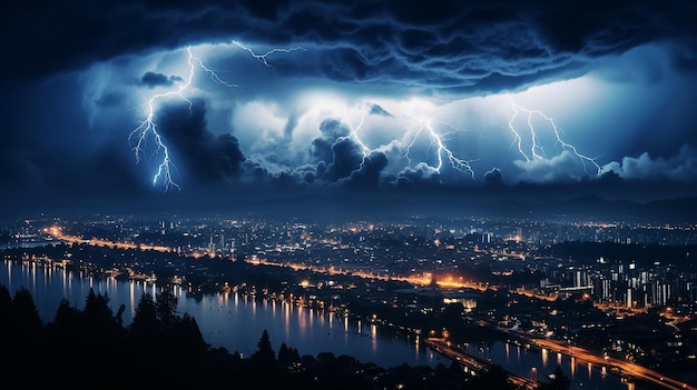 lightening storm over city