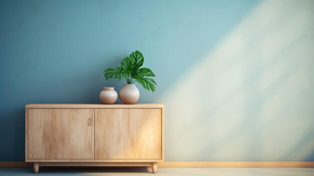 Lightfilled interior decor of living room with a wooden sideboard ai generated