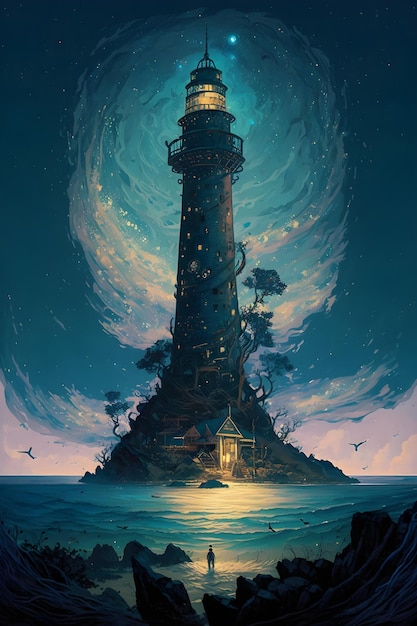 lighthouse against dark overcast sky. AI generated
