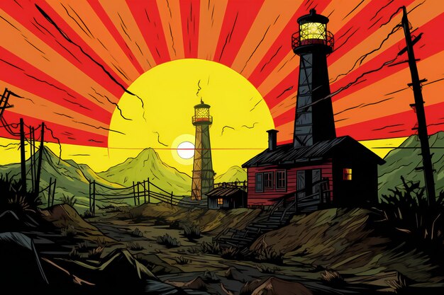 Lighthouse on the background of the sunset