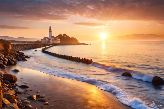 A lighthouse on a beach with a sunset in the background