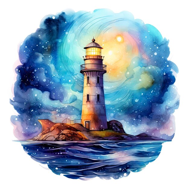 Lighthouse beside the sea at night watercolor for tshirt design