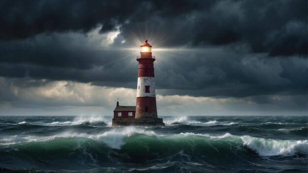 Lighthouse braving stormy sea waves