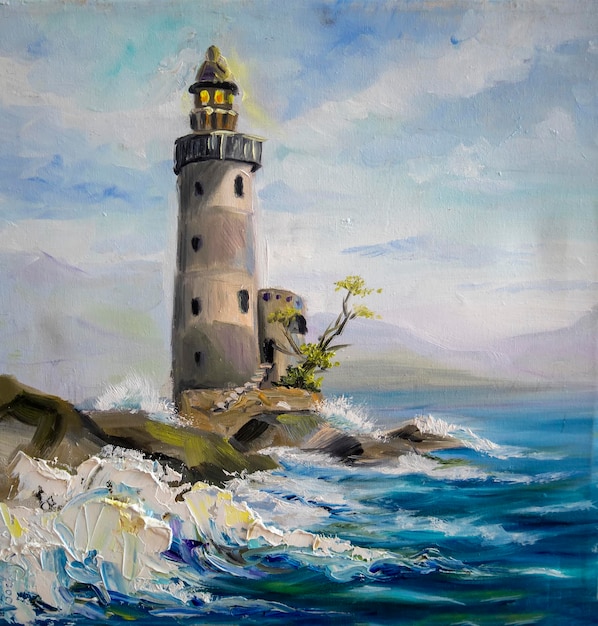 Lighthouse by the sea Oil painting with brush strokes