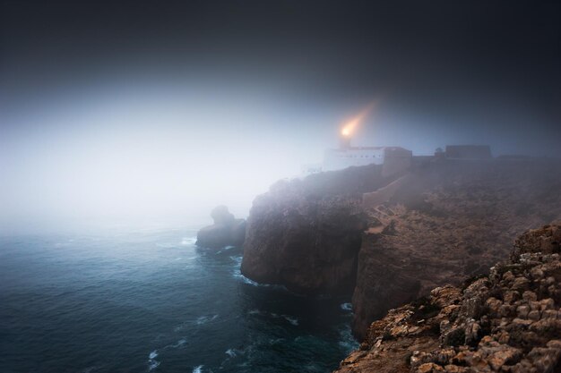 Lighthouse on Cape St. Vincent in misty night, Algarve, Portugal. This is the most South-Western point of Europe