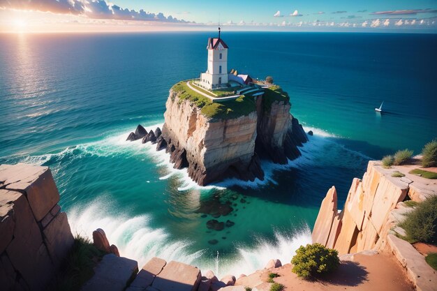 A lighthouse on a cliff in the ocean