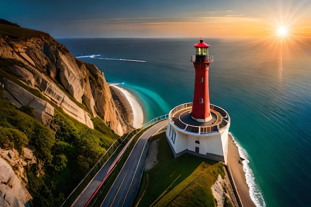 A lighthouse on a cliff overlooking the ocean