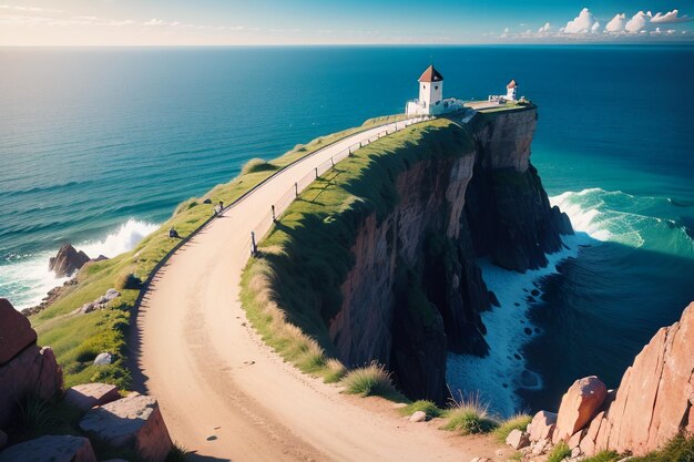 A lighthouse on a cliff overlooking the ocean