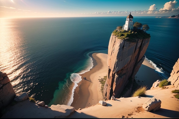 A lighthouse on a cliff overlooking the ocean