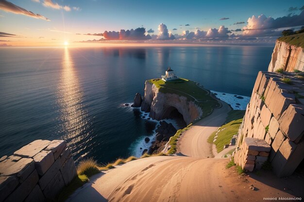 A lighthouse on a cliff overlooking the ocean