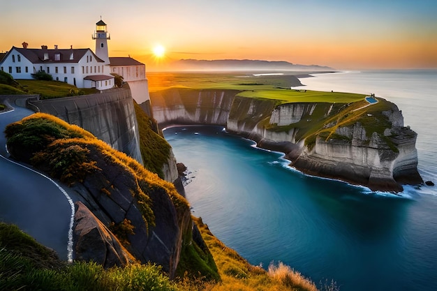 A lighthouse on a cliff at sunset