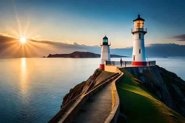 A lighthouse on the cliff at sunset