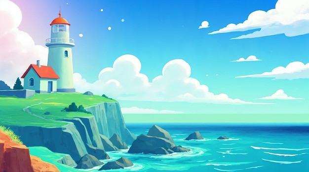 lighthouse on a cliff with blue sky and ocean
