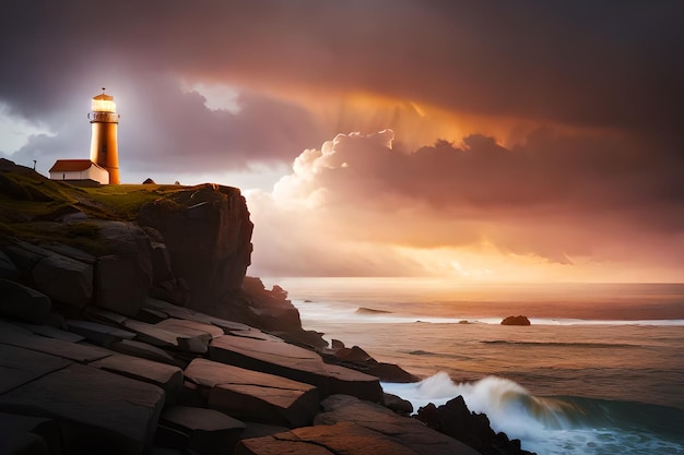 Lighthouse on a cliff with a cloudy sky in the background