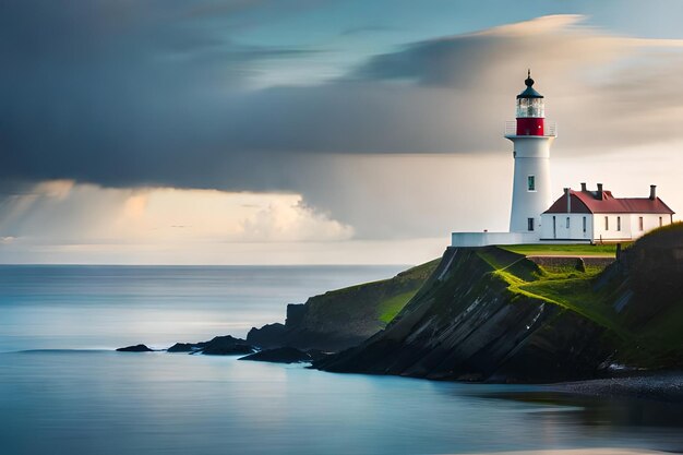 A lighthouse on a cliff with a cloudy sky in the background.