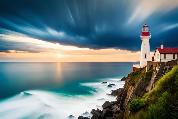 Lighthouse on a cliff with a cloudy sky