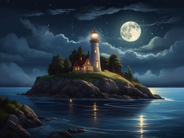 a lighthouse on a cliff with a full moon in the background