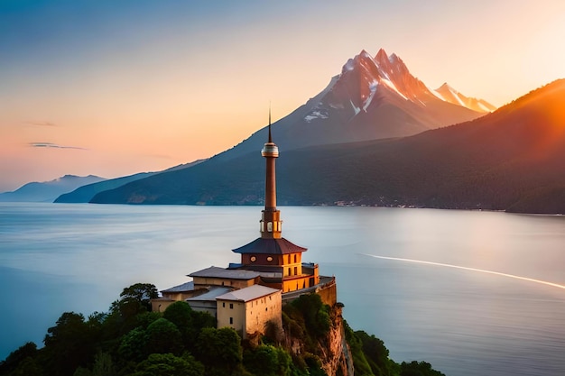 A lighthouse on a cliff with mountains in the background