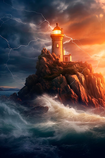 Lighthouse on a cliff with a stormy sky and lightning