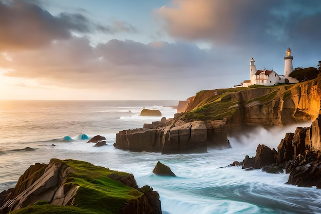 A lighthouse on a cliff with the sun setting behind it