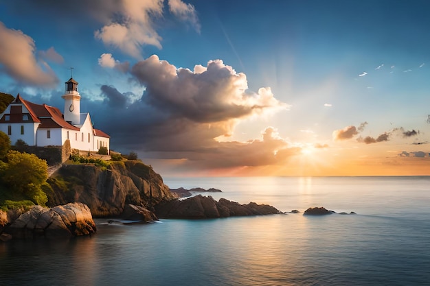 A lighthouse on a cliff with the sun shining through the clouds