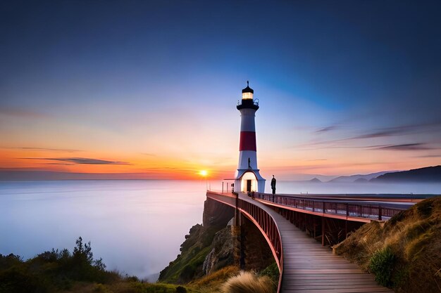 A lighthouse on a cliff with a sunset in the background