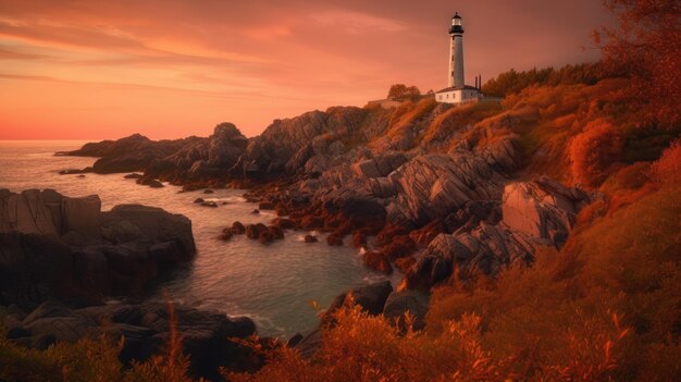 A lighthouse on a cliff with a sunset in the background