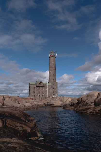 lighthouse on the coast in the background