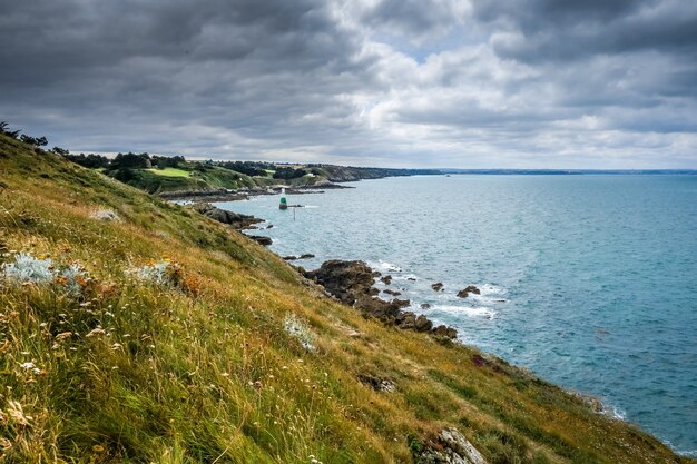 Lighthouse and coast landscape in Pleneuf Val Andre, Brittany, France