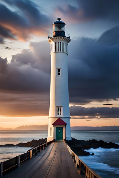 Lighthouse on a coast with clouds background